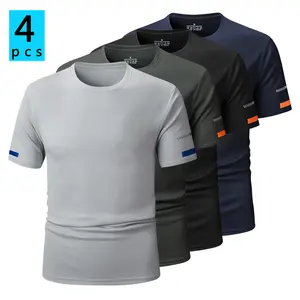 Pack of 4: new men’s short-sleeve sports T-shirts for summer—solid color, lightweight thin design for fitness and running; cool feel and lightweight fabric; suitable for outdoor spring/summer daily outings and casual wear; men’s T-shirt tops.