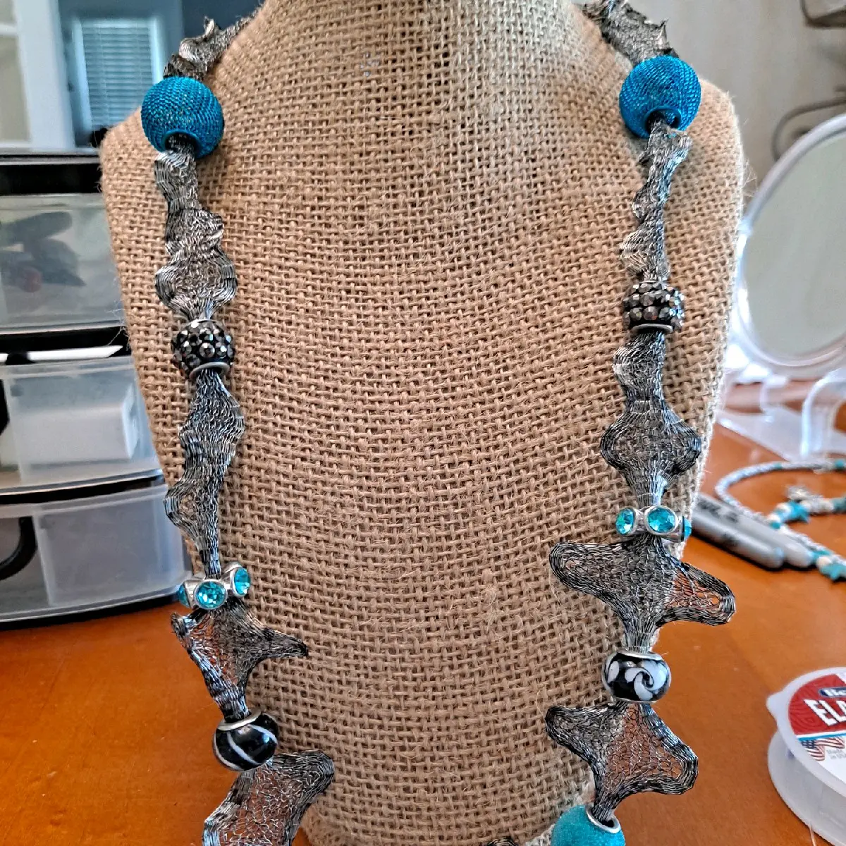 Handmade Gunmetal Wire Mesh Necklace with Beads for Women