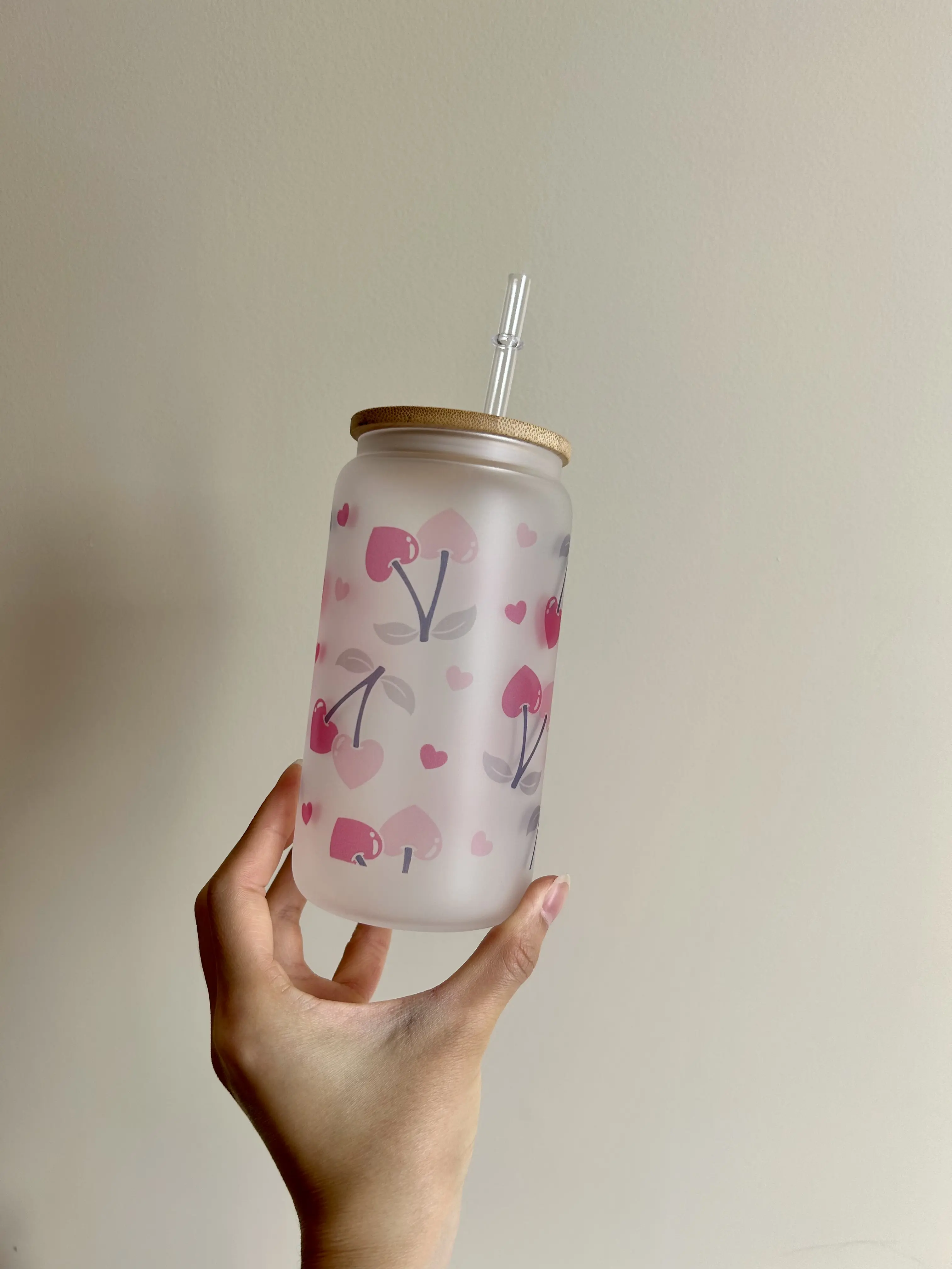 Pink Heart Cherry Glass Cup Drinkware Mug Tumblers