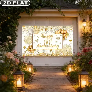 2D FLAT 1pc 50th Wedding Anniversary Decor Party Photobooth Props - 110x180cm/43.31x70.87 Inch White Gold Happy Anniversary Banner, Large Backdrop Decor for Golden Wedding Party