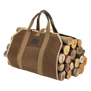 Gex 2026 New Christmas Home Firewood Fireplace Carrier Logs Tote Holder 20 oz Waxed Canvas Sturdy Bag with Handles for Camping Indoor Outdoor Brow