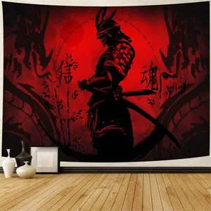 Japanese Samurai Tapestry Red and Black Cool Anime Warrior Tapestry Dragon Asian Japanese Style Wall Hanging for Men Bedroom Flannel Home Decor Wall Blankets
