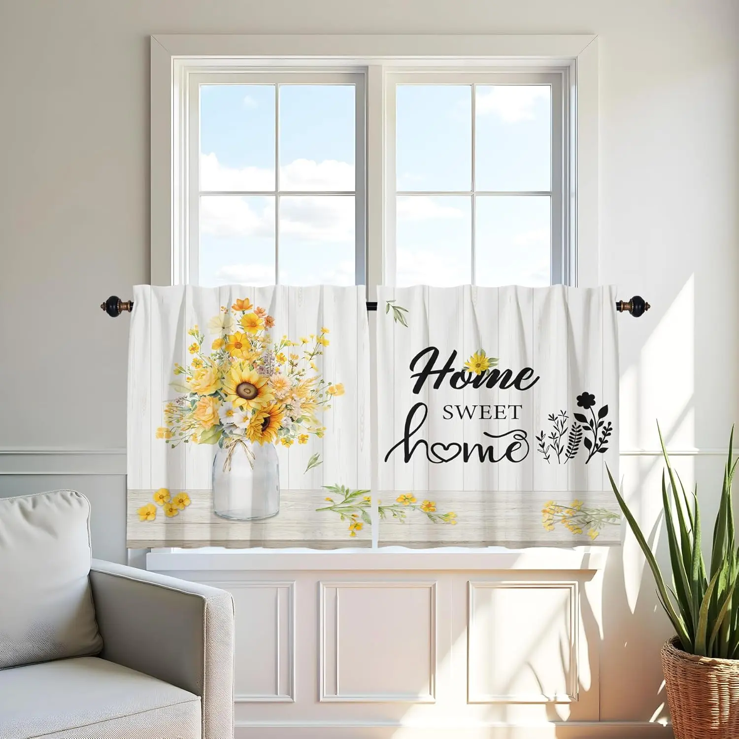 Tier 2 Rod Pocket Curtains 2-Panel 24-in Short Yellow Floral Rustic Cafe Style for Small Windows Over Sink Farmhouse Bathroom