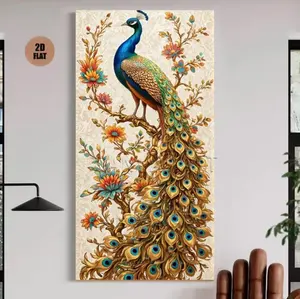 Modern 2D Flat Canvas Poster – Golden Peacock & Tree Design