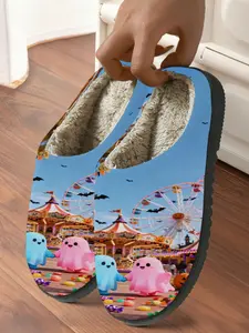 Mascot Halloween Ghost Carnival Pattern Fall Winter Warm Anti-Slip Indoor Cotton Slippers for Adults, Cute Textile Rubber Sole Shoes