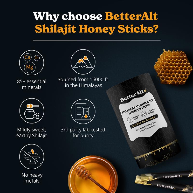 B3G3 Packs of BetterAlt GOLD+ Shilajit Honey Sticks | Caramel, Cinnamon and Classic Flavors | Helps Boost Energy | Lab-Tested for Purity