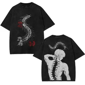 Attack On Titan AOT Eren Yeager Double Sided Graphic T-Shirt Acid Washed Unisex Classic Fit Short Sleeve Crew Neck Casual Cotton Tee 90s streetwear