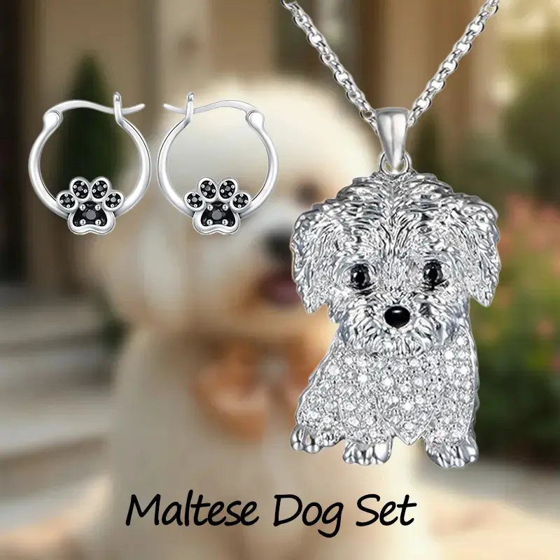 Alloy Metal Maltese Dog Pendant Jewelry Set (3 Pcs) - Cute Animal Necklace With Matching Paw Earrings, Daily Fashion Accessory, Christmas Gift For Pet Lovers, Birthday, Unisex Set, Elegant, Hook, Everyday, Casual, Birthdays, Music Festivals