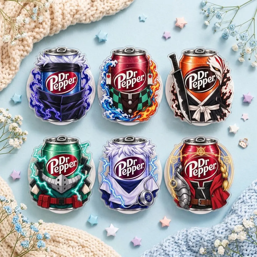 Dr Pepper Anime Hero Acrylic Phone Grip Set, Shonen Inspired Cosplay Soda Phone Holder, Electric Flame Sword Character Design, Gift for Anime & Dr Pepper Fans