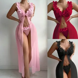 Elegant Petal Mesh Bodysuit with Suspender Skirt, Lingerie Dress Set for Women, Sexy Pajama Style