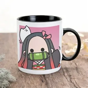 2026 New Model Mug for Home and Office Use Chibi Nezuko with bamboo muzzle, ghost background Pattern Design Large Capacity High-Temperature Resistant Water Cup Tea Cup