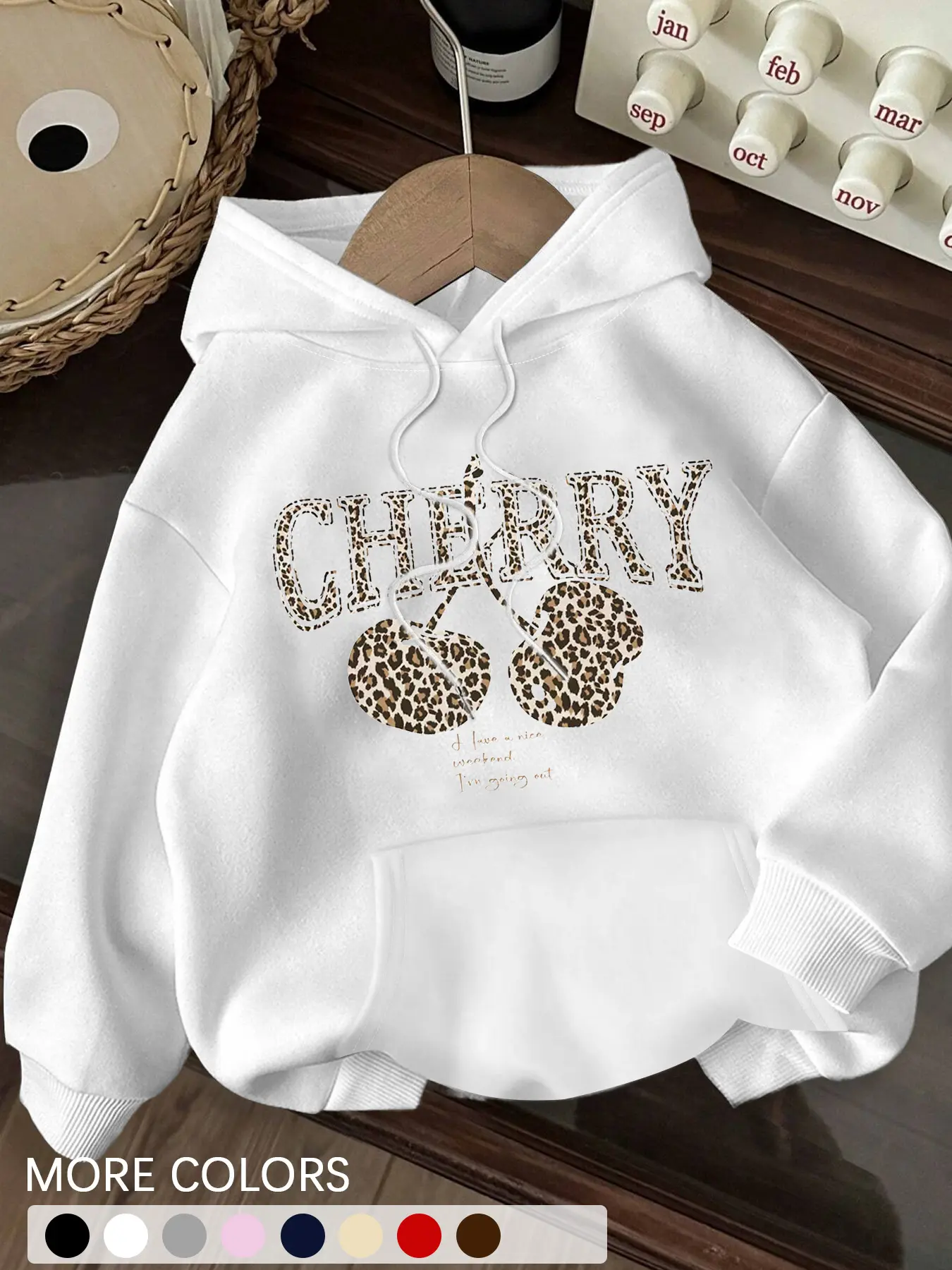 Casual Minimalist Leopard Print Cherry Pattern Loose Fit Pullover Graphic Hoodie Sweatshirt For Women, Autumn/Winter, Long Sleeve Tops Back To School Fall And Winter Clothing