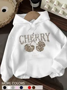 Casual Minimalist Leopard Print Cherry Pattern Loose Fit Pullover Graphic Hoodie Sweatshirt For Women, Autumn/Winter, Long Sleeve Tops Back To School Fall And Winter Clothing