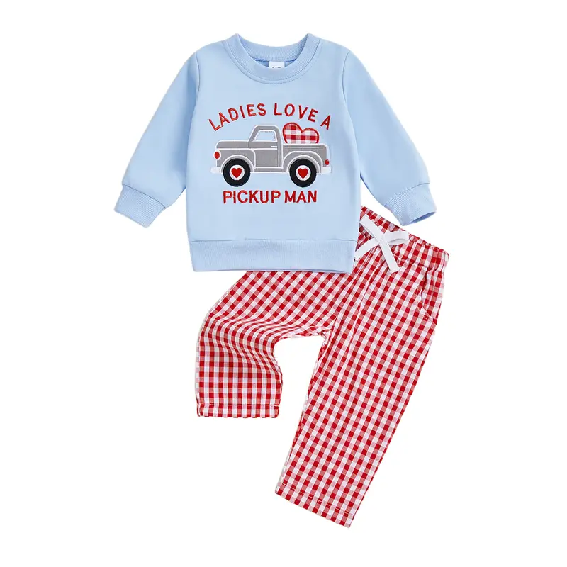 Toddler Baby Boy Outfits Valentine's Day Truck Heart Print Pullover Sweatshirt and Plaid Pants Spring Winter Set 6M-4Y