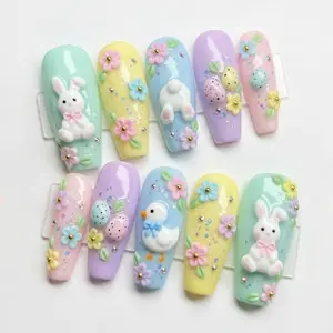 Aura Nails - Handmade 3D Easter Bunny Press On Nails, Pastel Easter Nail Art, Christian Religious, Mosaic Spring, Floral Nails, Chick Egg Fake Nails