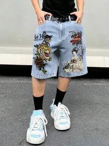 Men’s Baggy Denim Shorts, Japanese Ukiyo-e Tiger & Geisha Graphic Print, Light Wash Mid-Length Jorts, Streetwear Casual Bermuda Shorts for Summer Daily Skateboarding