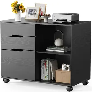 3-Drawer File Cabinet, Lateral Mobile Filing Cabinet Wood Storage Organizer with Wheels, Printer Stand & Open Shelves for Home Office Under Desk Organization - Black