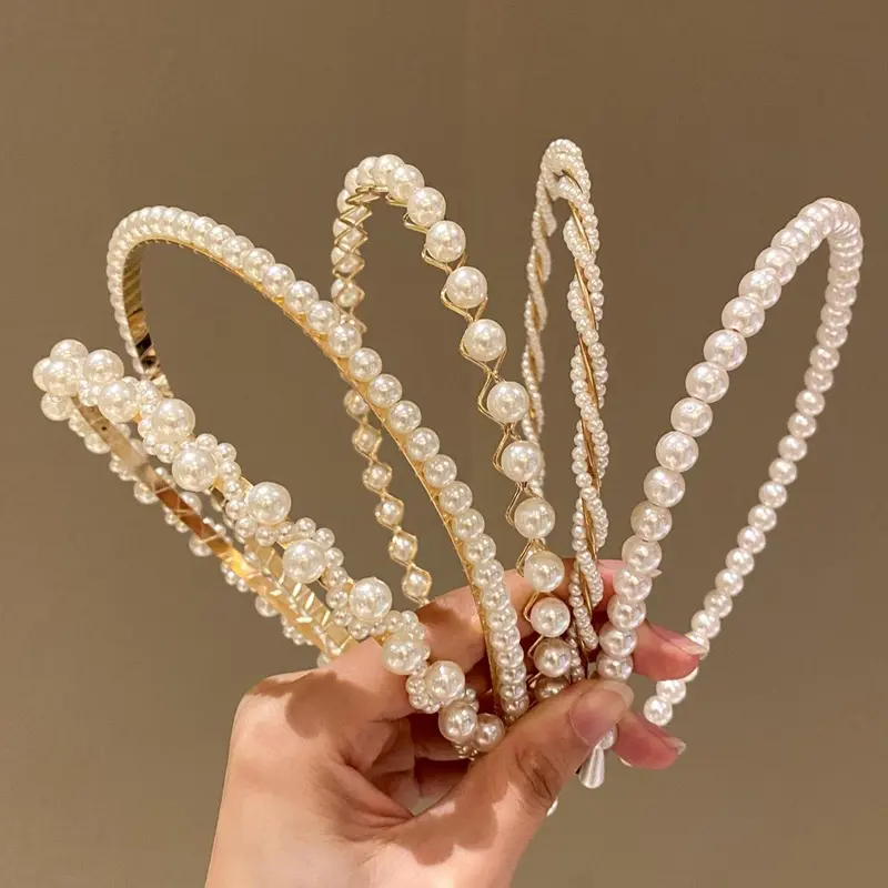 5pcs Faux Pearl Decorated Headband, 5pcs Temperament Elegant Headbands for Women & Girls, Fashion Hair Accessories Headwear for Party, Bridal, Daily Clothing Decor