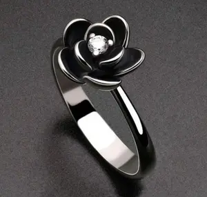 Elegant Silver Plated Black Rose Zirconia Ring (Size 6, 7, 8, 9.5, 10)