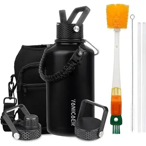 YONICOER Insulated Water Bottle 64oz,Triple Wall Vacuum Stainless Steel(Dishwasher Safe),Leak Proof & Non-BPA,Flask Jug with Paracord Handle & Straw Spout Lids Sports Black