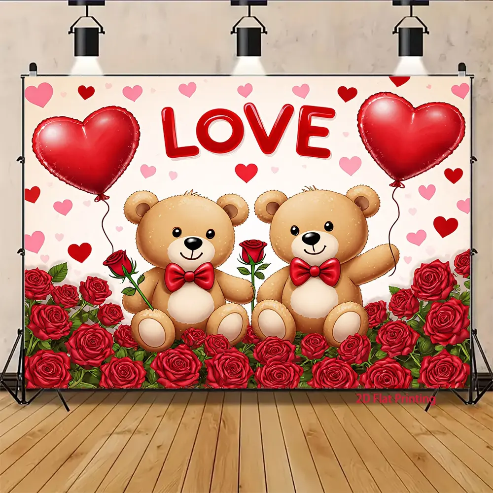2d flat 1pclove heart-shaped bear Valentine's Day background fabric, large-sized photography fabric, suitable for outdoor and indoor Valentine's Day party props, festival and anniversary decorations, and studio props, made of polyester material