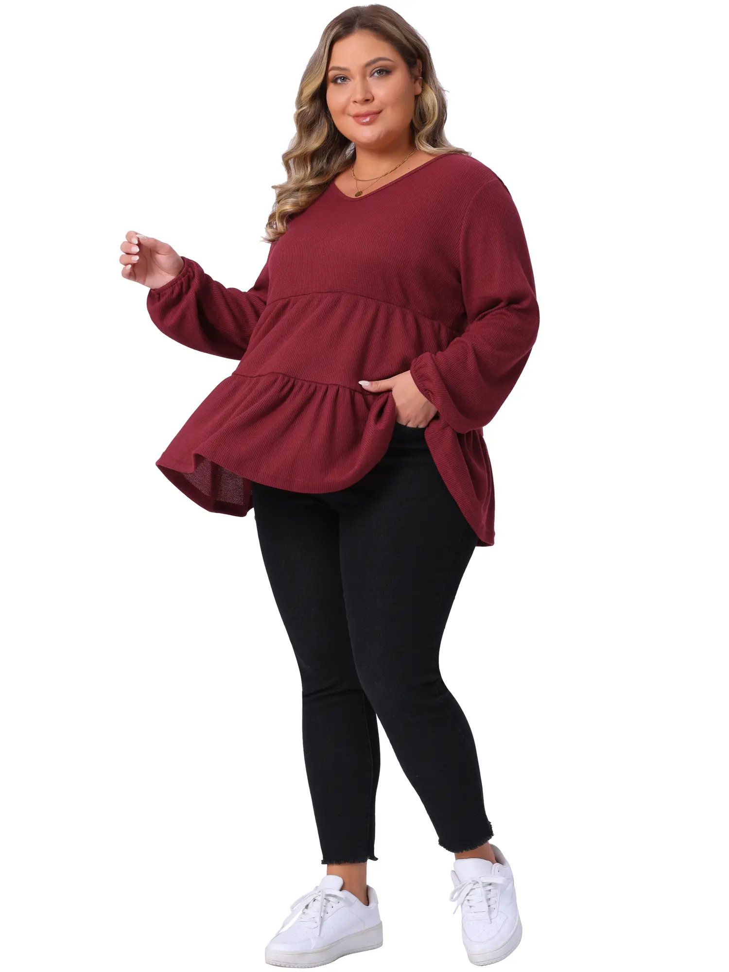 Agnes Orinda Women's Plus Size Peplum Tops  V Neck Long Sleeve Ruffle Hem Tiered Casual Lightweight Waffle Knit Blouse