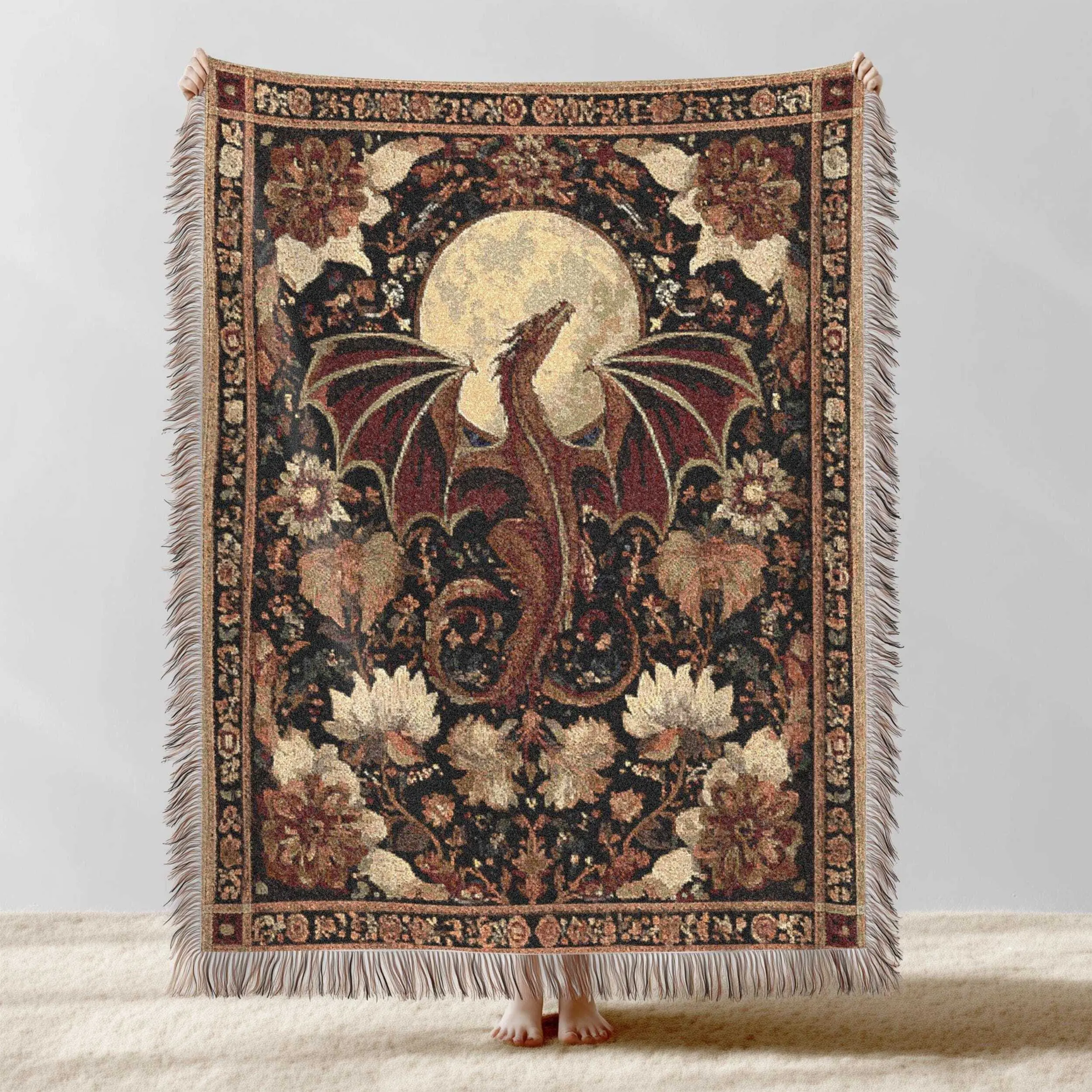 Medieval Dragon Woven Blanket, Dragon Cottagecore Tapestry Throw, Mythical Home Decor, Dark Academia Cotton Bed Cover, Fantasy Lover Gift