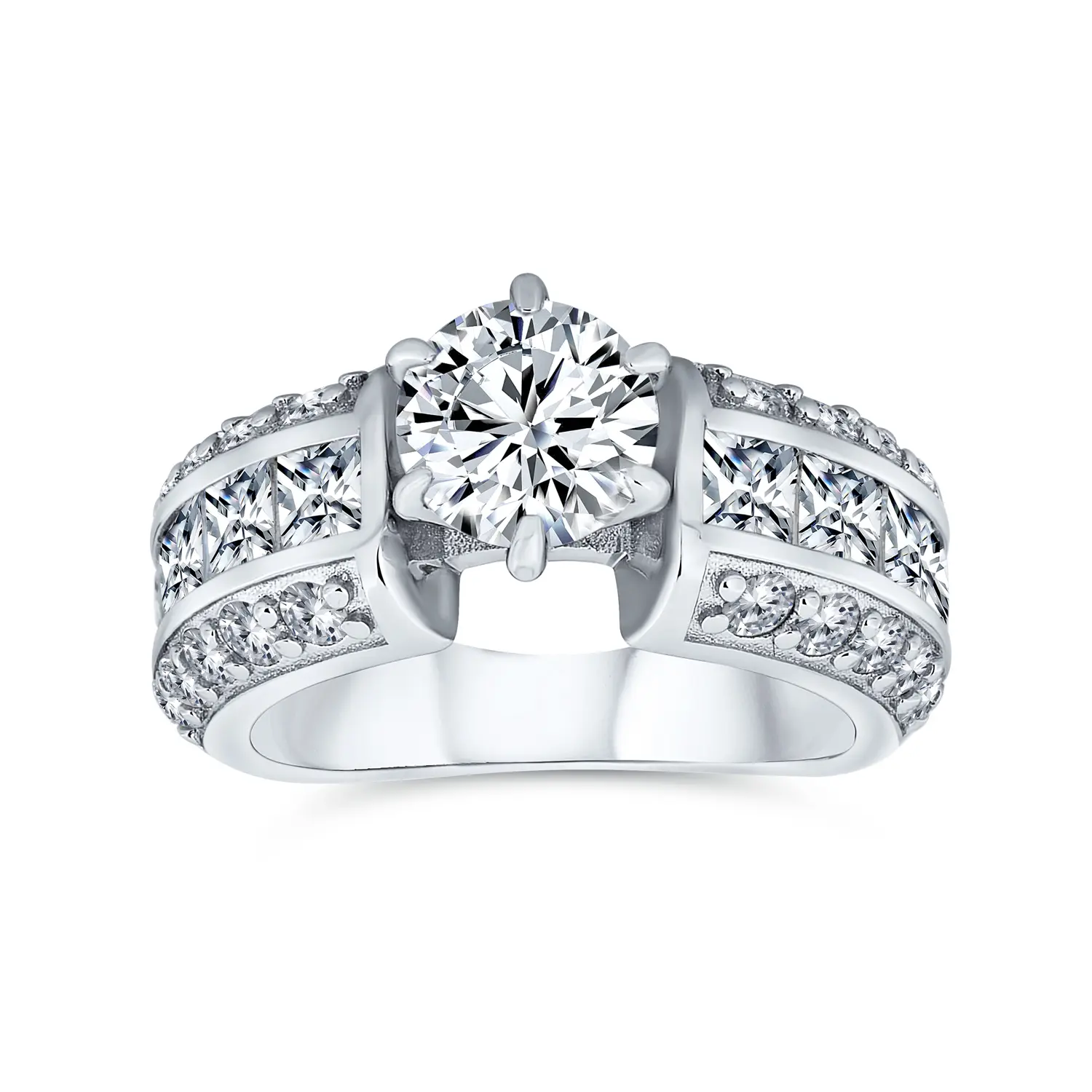Vintage Art Deco Style 2CTW CZ Round Solitaire Engagement Ring Band 3 Row Band .925 Sterling Silver