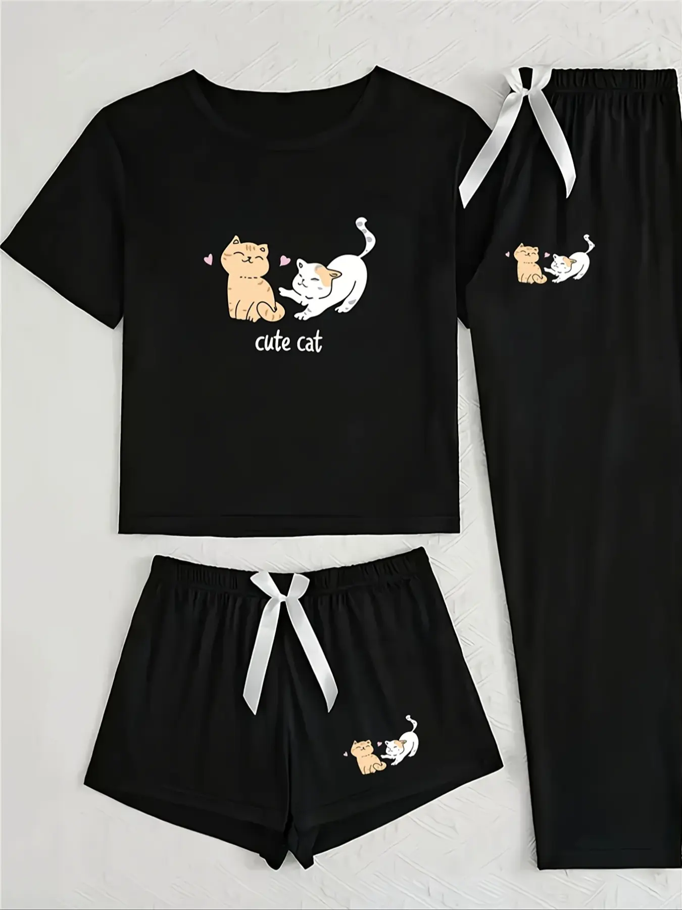 Women's Cartoon Cat Print Knit Pajama Set, 3 Piece Sleepwear Collection, Casual Fitted Nightwear for All Seasons, Cute Loungewear, Matching Lounge Sets, Pjs, Knitted Set