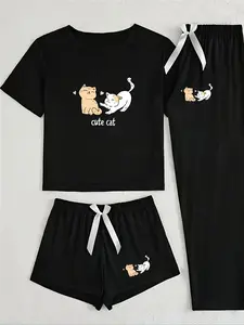 Women's Cartoon Cat Print Knit Pajama Set, 3 Piece Sleepwear Collection, Casual Fitted Nightwear for All Seasons, Cute Loungewear, Pjs, Knitted Set