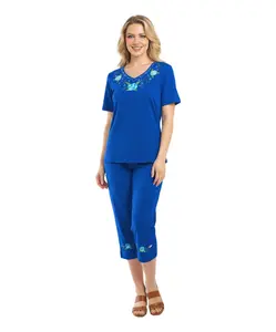 Women's Short Sleeve Embroidered Blouse and Matching Capri Set WS08