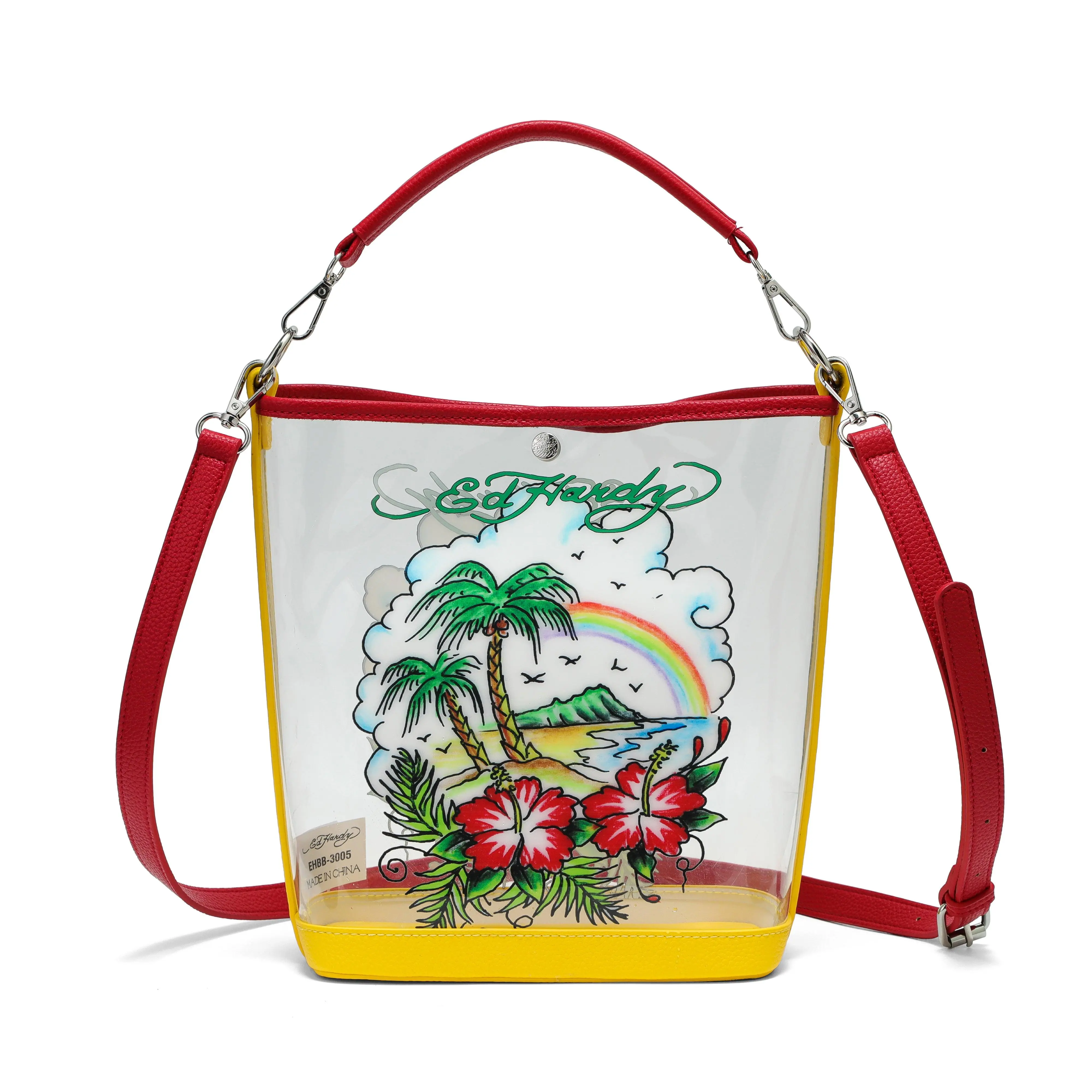 Ed Hardy PVC Construction Beach Bucket Bag for Women, Casual Wear Beach Look, Adjustable Shoulder Strap, Snap Button Closure (Women's Crossbody & Shoulder Bag), Transparent Body