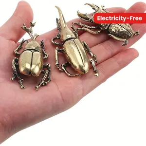 Set of 3 Vintage Brass Beetle Sculptures, Metal Insect Collector's Figurines, Miniature Long-Horned Beetles for Home, Office, Garden Desktop Decor, Artistic Statuettes for Indoor & Outdoor Display, Electricity-Free Decoration Room Ornaments 3Pcs/Set