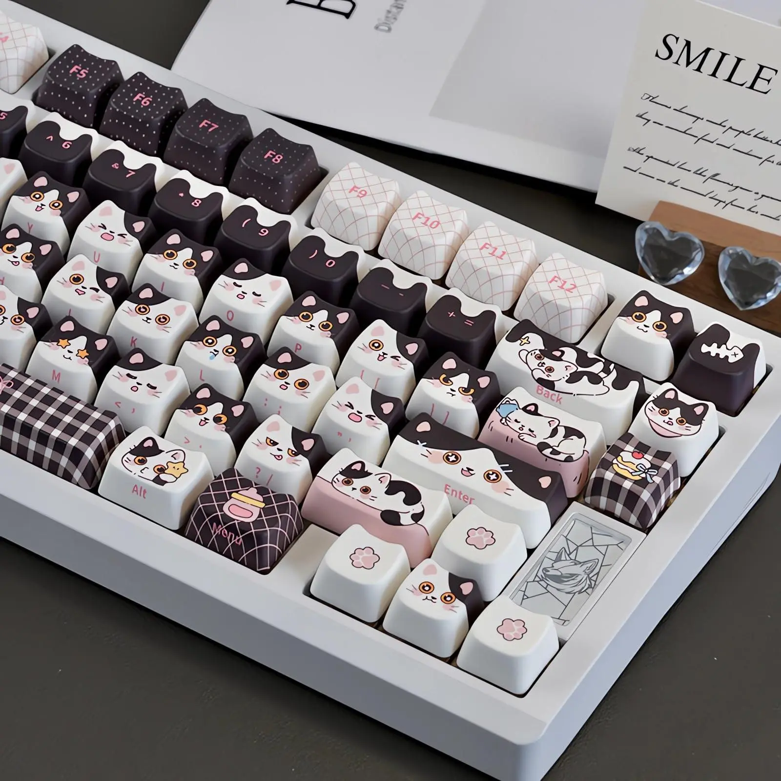BOYI 129-Keys Cute Cat PBT Plastic Keycaps Set — Kawaii Cat Shape Dye Sublimated Keycaps, Mao Profile ANSI Layout, for DIY MX Switch Mechanical Gaming Keyboards