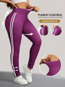 Women's Casual Fashion Sporty Skinny Pants, Printed Dual Strips, All-Season Wear, Versatile Design, Durable Synthetic Material, Shaping Leggings