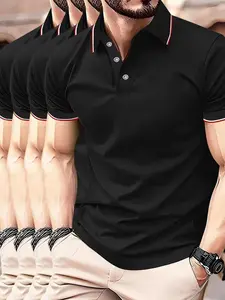 Men's Contrast Trim Button Front Half Placket Polo Shirt, Regular Fit Casual Comfy Short Sleeve Top for Summer, Fashion Men's Clothes for Daily Wear Polo Shirt Outfit