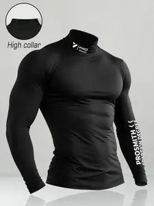 Men's High Neck Tight-Fitting Long Sleeve Sports Top, Athletic Compression Shirts, Functional Gym Wear, Muscle Support, Good Elasticity and Breathability
