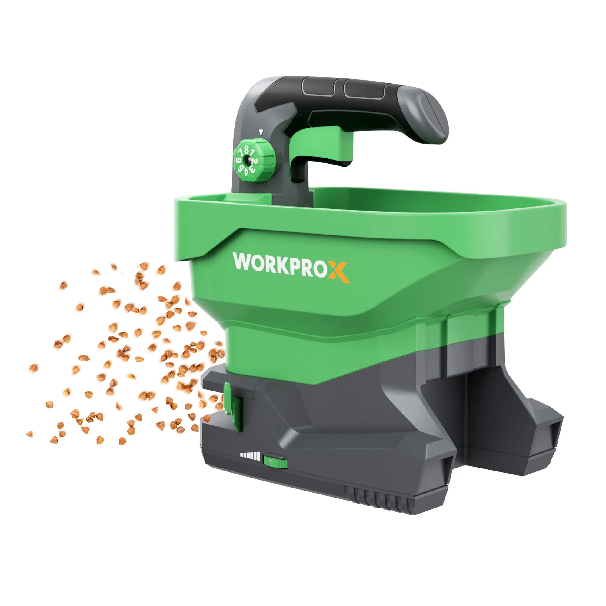 #fathersdaygift WORKPROX Fertilizer Spreader, Handheld 7.2V Seed Spreader for Salt, De-Icer, Earth Food and Fertilizer, Rechargeable Grass Seed Spreader with 8-Level Settings and Holds up to 6458 sq.ft. of Product