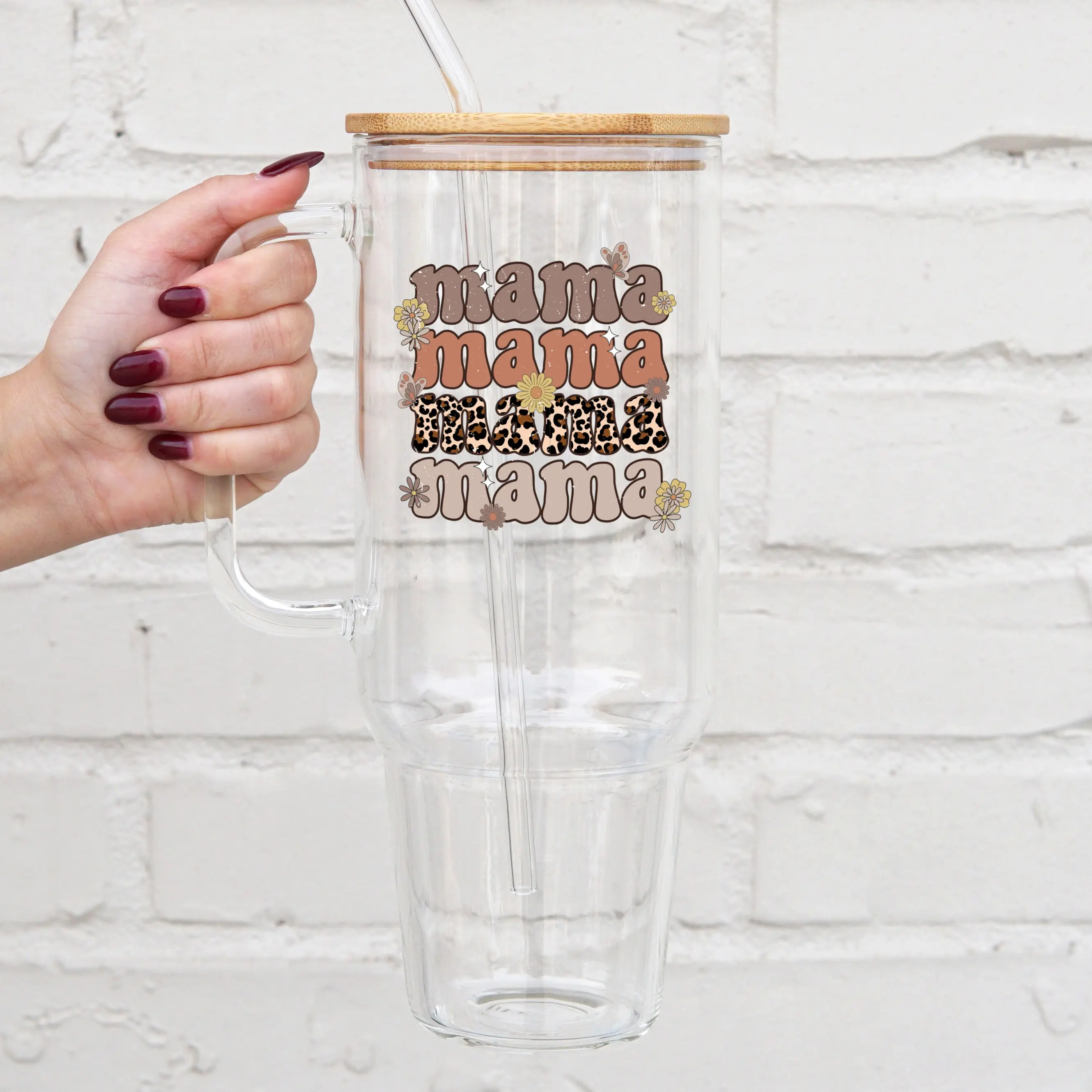 MOM Collection 40oz Glass Tumbler with Lid and Straw, Iced Coffee Drinkware, Gift for Her, Acrylic Tumbler, water bottle for women, mental health gifts, Leakproof Bpa Free