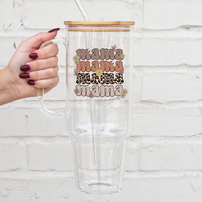 MOM Collection 40oz Glass Tumbler with Handle, Bamboo Lid & Straw, Gift for Mom