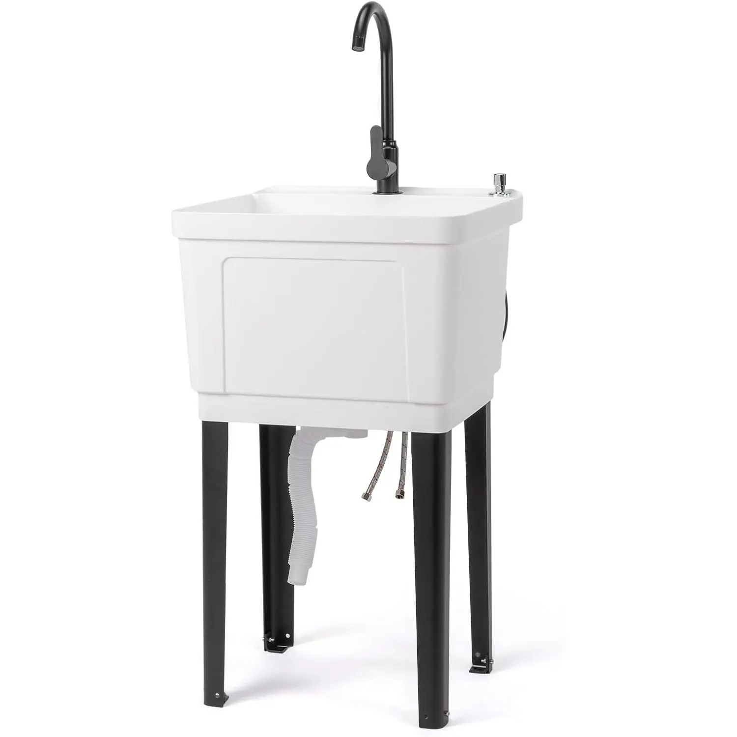 Durable Modern 13-Gal Rectangle Plastic Utility Sink Laundry Tub for Washing Room, Freestanding Adjustable Model with Stainless Steel Alloy Faucet, White, 19.7" W x 18.9" D x 33" H, Assembly Required