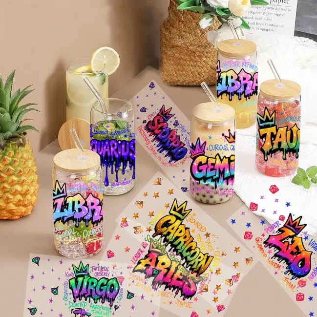 Pretty 12 Zodiac UV DTF 16oz Cup Stickers for DIY Craft summerwins