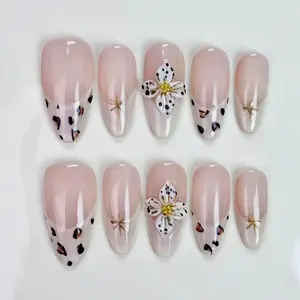 N81 Fall Leopard French Press on Nails Long Almond Nails with Floral & Leopard Print Design White French Tip Fall Nail Art