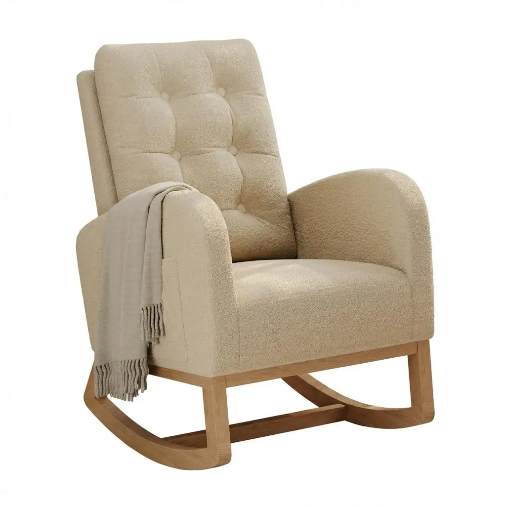 Garvee Modern High-Back Nursery Rocking Chair with Side Pocket, Sturdy Wooden Legs, and Comfortable Teddy Fleece/Boucle Upholstery in Light Brown for Nursery and Living Room