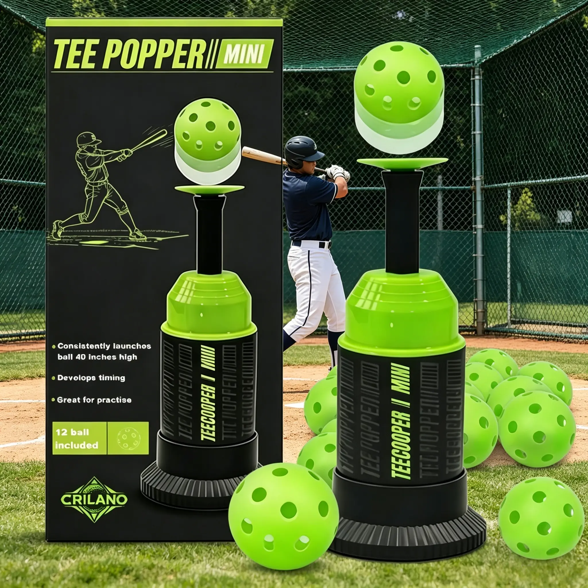 Mini Popper Baseball Hitting Stand - Unisex Portable Baseball On-Field Equipment, Auto Launch Training Tool with 12 Balls, All Skill Levels Swing Trainer, Improves Hand-Eye Coordination, Compact Solo Practice Gear