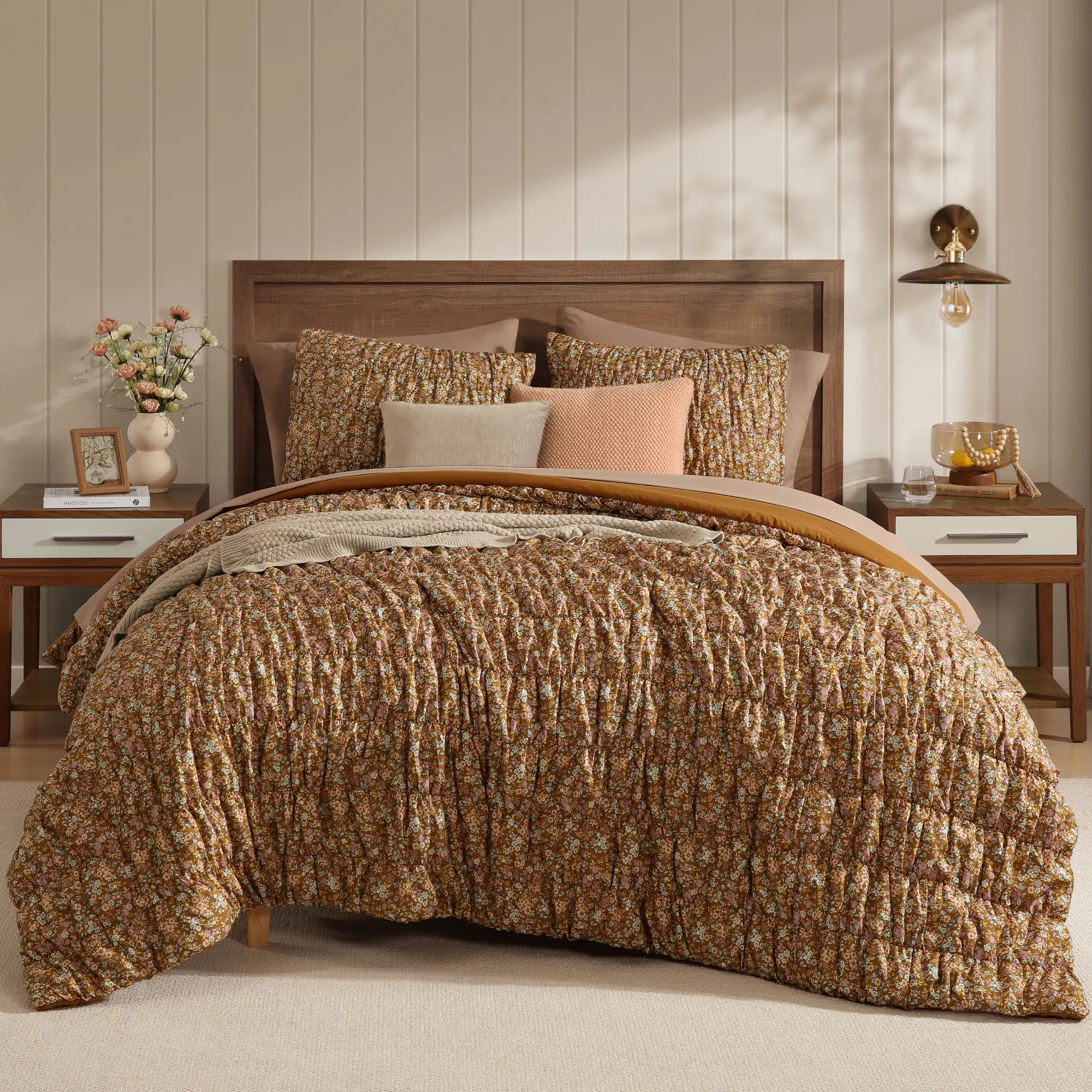 【FallPickDeals】Melex Home 5/7-Piece Ruffled Bed Comforter Set - Shabby Chic Farmhouse Bedding Set, Floral Bedding Patchwork, Machine Washable Cozy All-Season Bedding, Comforter Queen Size for Cozy Setup