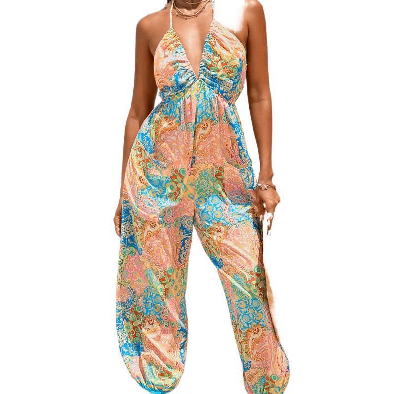 Women's Basic Plunge Halter Sleeveless Pleated Long Romper Knit Jogger ...