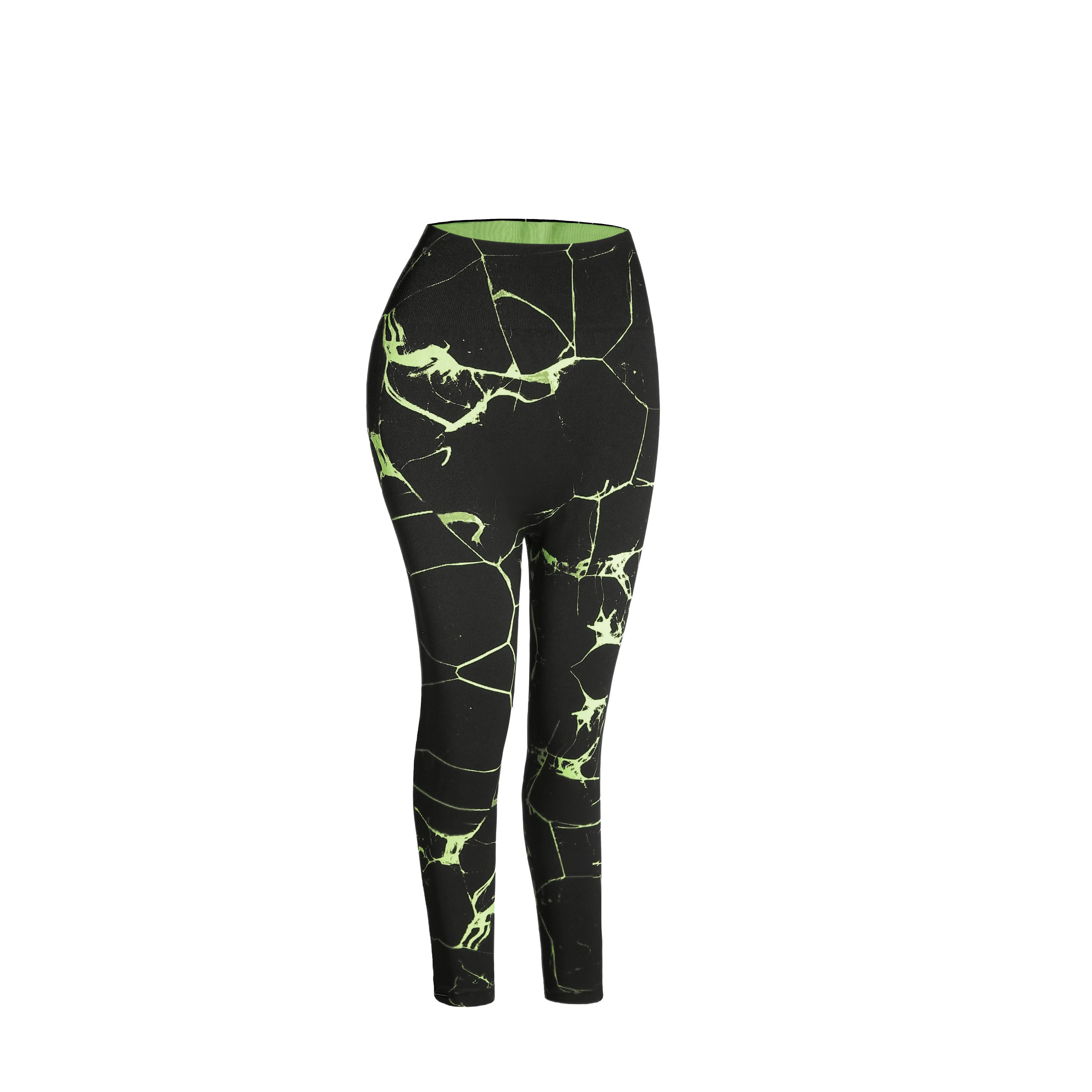 Black Marble Pattern Leggings with Green Accents for Women's Fashionable Activewear