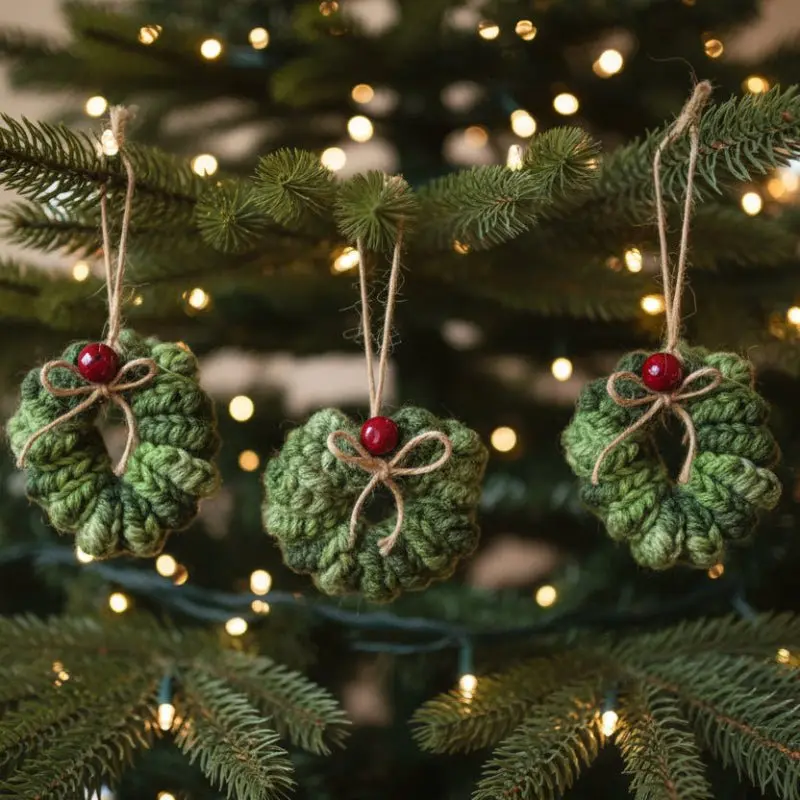 Premium Yarn Spiral Wreath Ornament - Artisan Nature Small-Batch, 2-in Bow-Accented Layered Greens, Lightweight Christmas Tree Decor, Red Bead Accent, Teacher Appreciation Holiday Gift