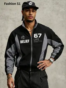 Men’s high-street black/gray color-block baseball jacket, vintage BELIEF numeric print, raglan sleeves, casual outerwear
